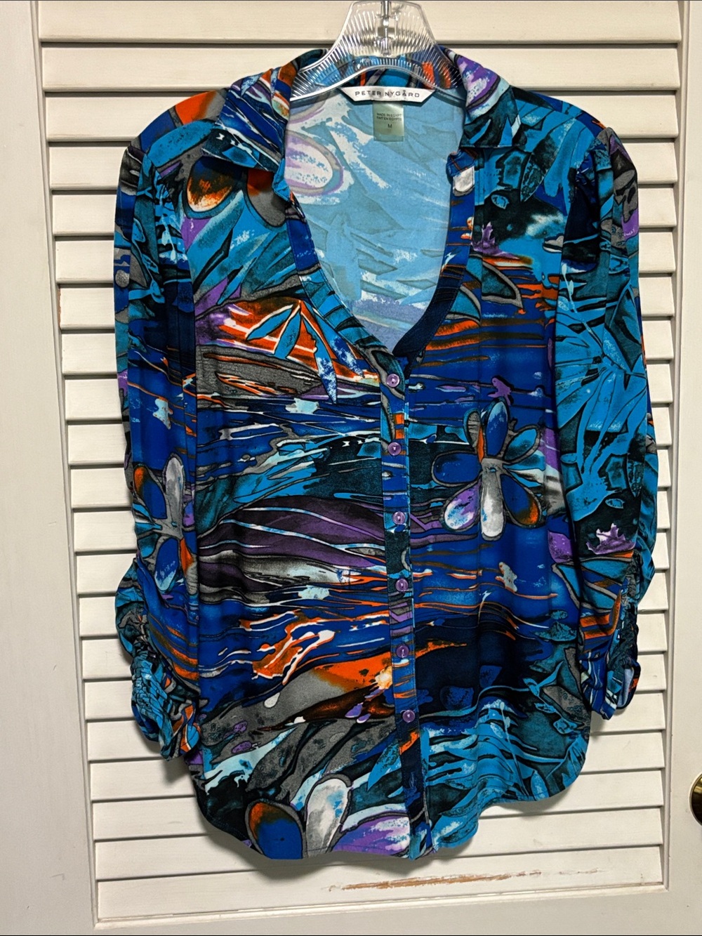 Peter Nygard Blue Abstract Print Button-Front Women's Top